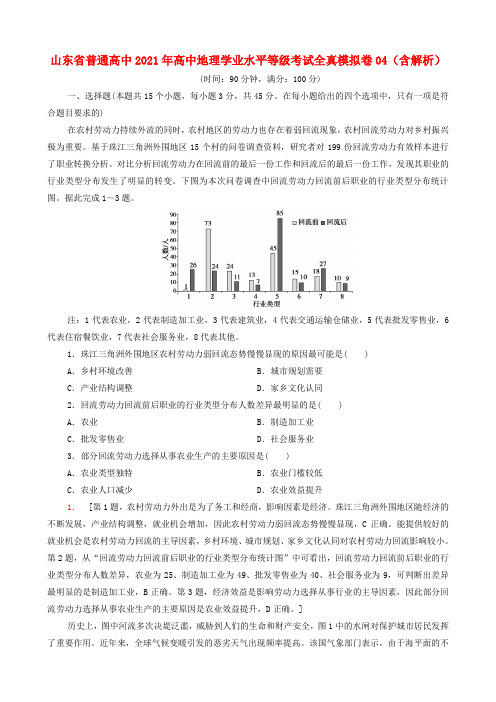 山东省普通高中高中地理学业水平等考试全真模拟卷04(含解析)