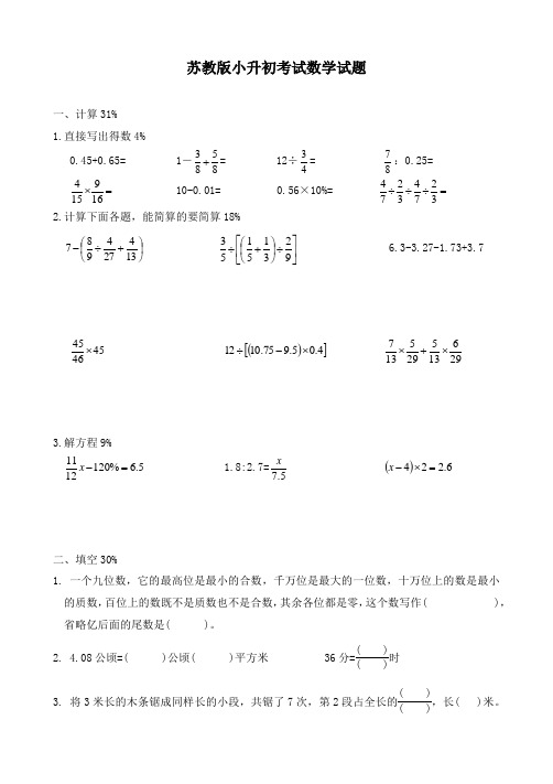 苏教版六年级小升初数学考试卷含答案解析