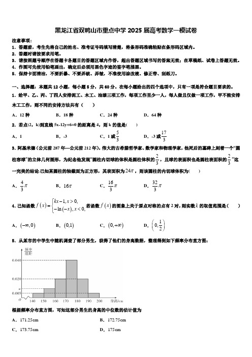 黑龙江省双鸭山市重点中学2025届高考数学一模试卷含解析