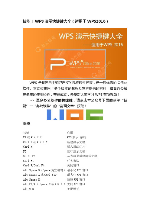 技能丨WPS演示快捷键大全（适用于WPS2016）