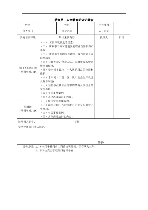 转岗安全培训记录表