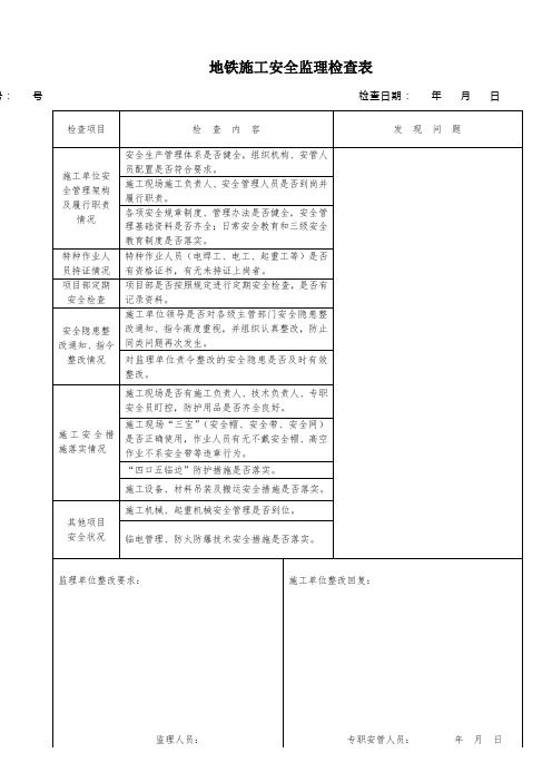 地铁施工安全监理检查表(修改版11)