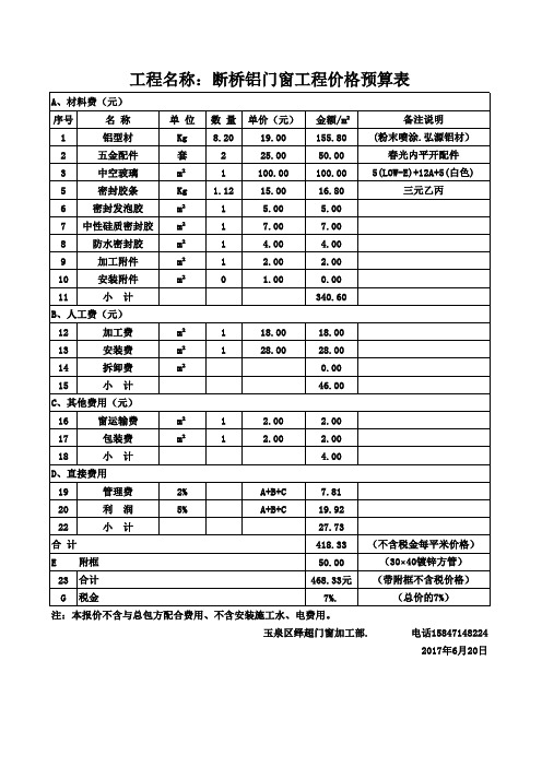 断桥铝门窗工程价格预算表