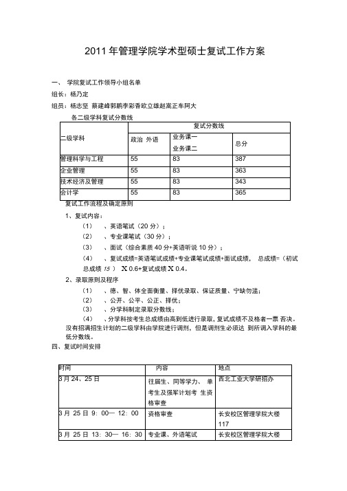 2011年管理学院学术型硕士复试工作方案