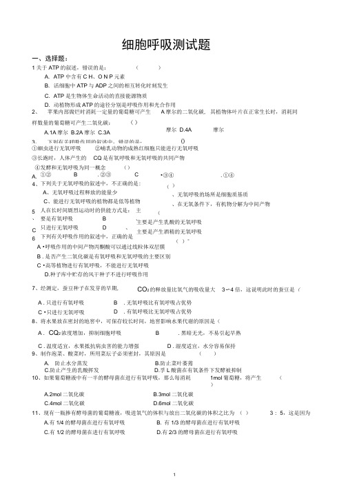 生物必修一细胞呼吸测试题