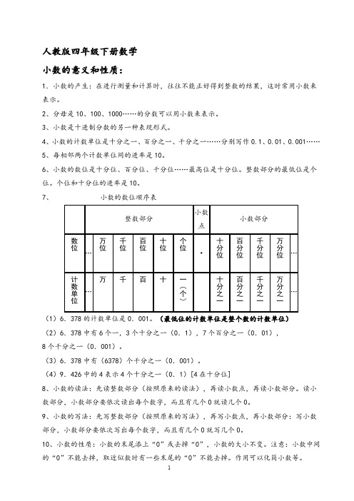 人教四下数学小数的加法和减法知识点总结