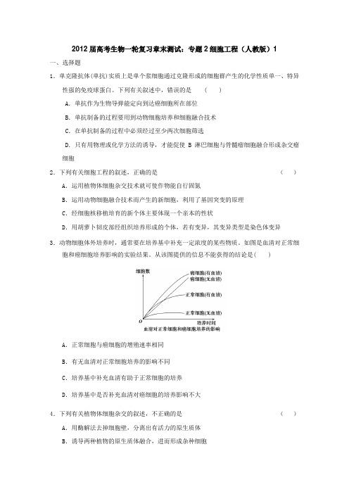 2012届高考生物一轮复习章末测试专题2细胞工程(人教版)1