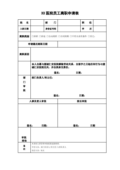 XX医院员工离职申请审批表