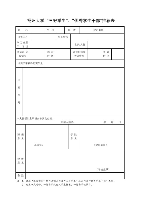 优秀学生干部推荐表