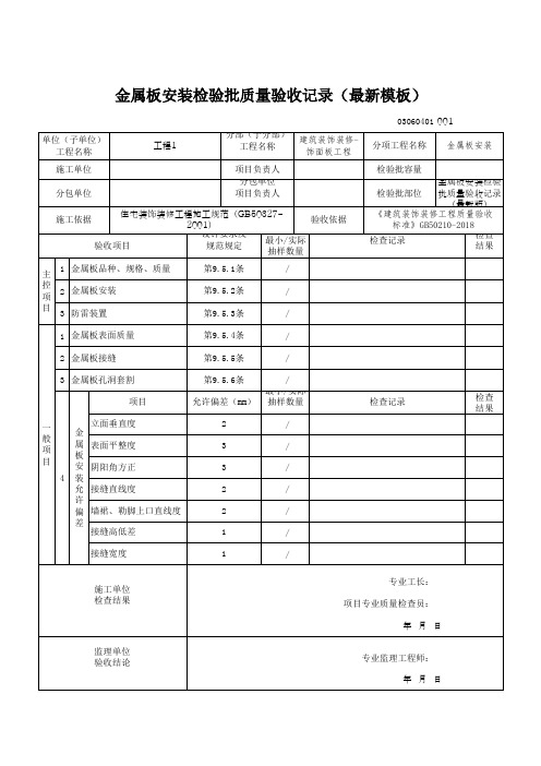 金属板安装检验批质量验收记录(最新模板)