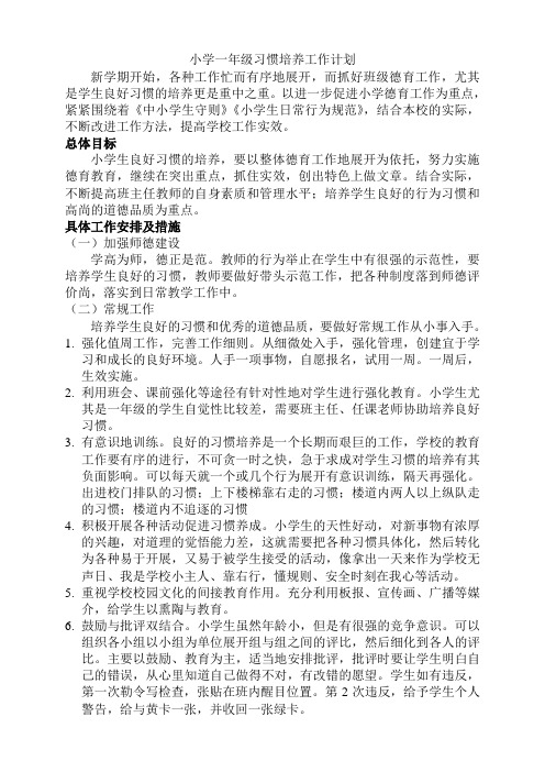 小学一年级习惯培养工作计划