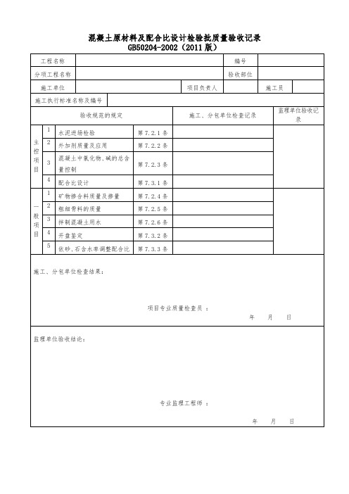 混凝土原材料及配合比设计检验批质量验收记录