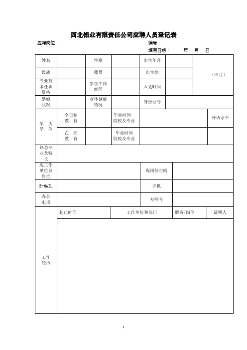 西北铝业有限责任公司应聘人员登记表