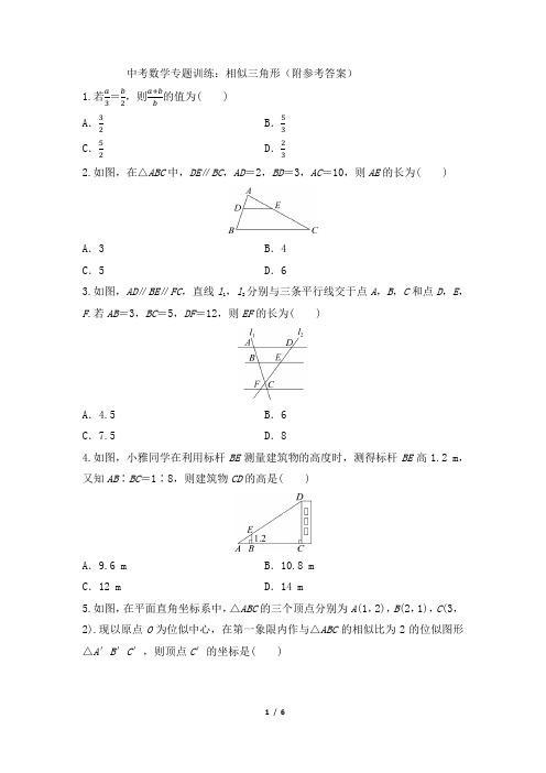 中考数学专题训练：相似三角形(附参考答案)