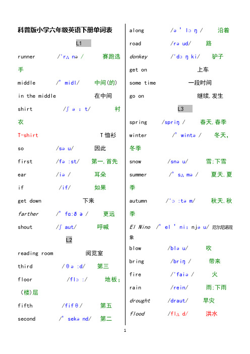 科普版六年级英语下册单词表