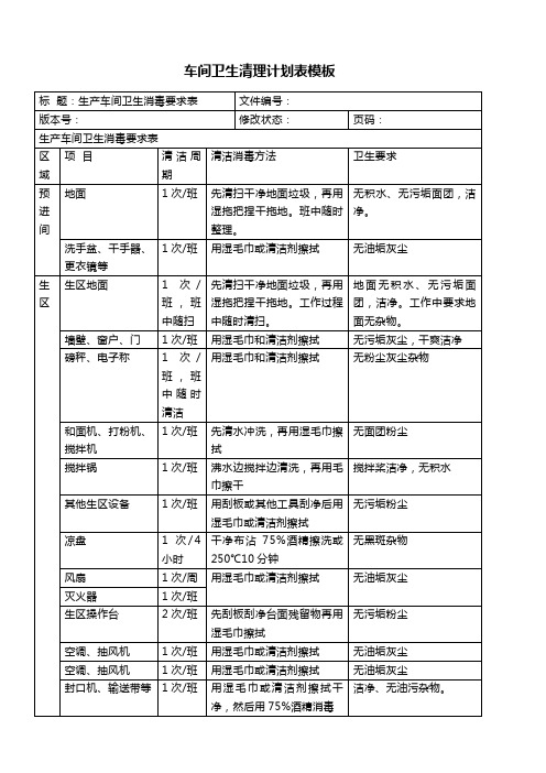 车间卫生清理计划表模板