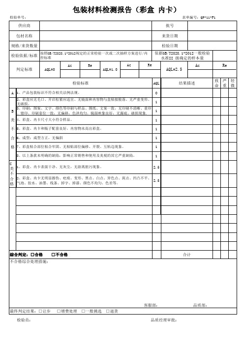 包装材料检测报告 彩盒