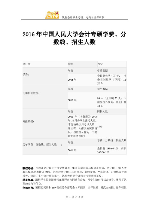 2016年中国人民大学会计专硕学费、分数线、招生人数