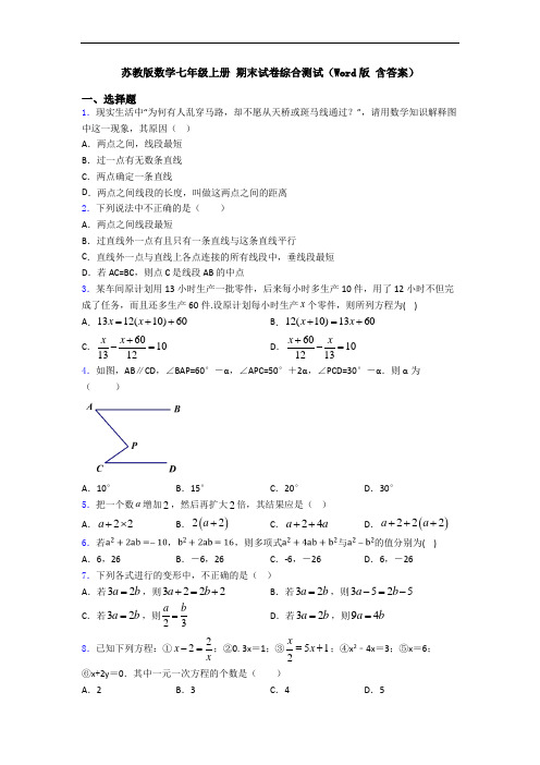 苏教版数学七年级上册 期末试卷综合测试(Word版 含答案)