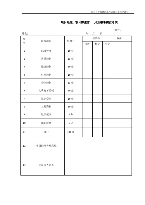 项目经理月度考核汇总