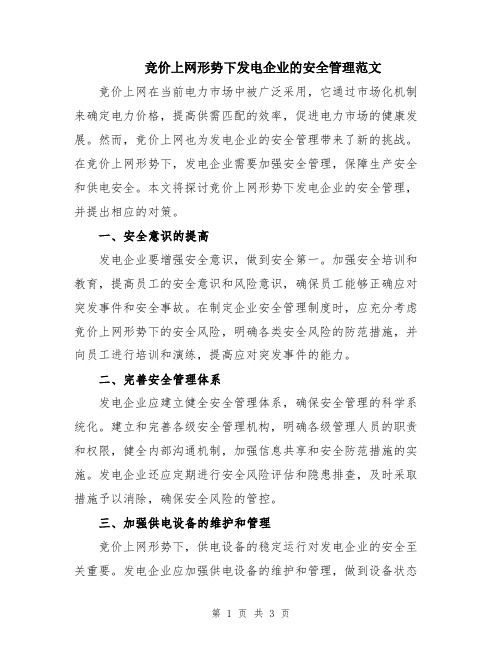 竞价上网形势下发电企业的安全管理范文