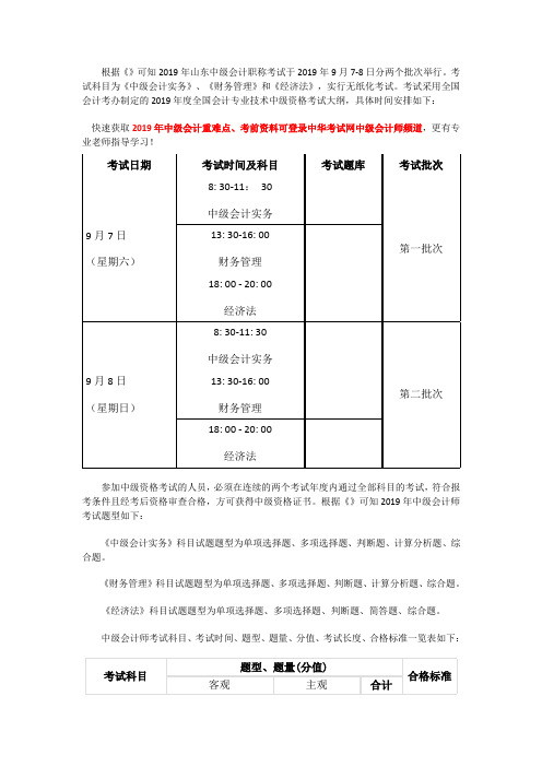 2019年山东中级会计职称考试时间及题型