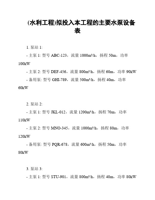 (水利工程)拟投入本工程的主要水泵设备表