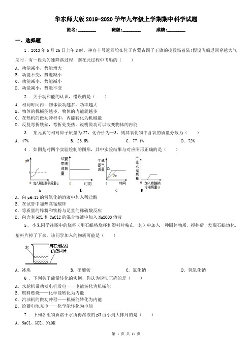 华东师大版2019-2020学年九年级上学期期中科学试题