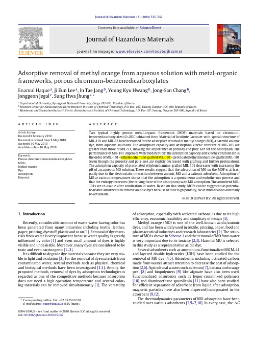 Adsorptive removal of methyl orange from aqueous solution with metal-organic frameworks