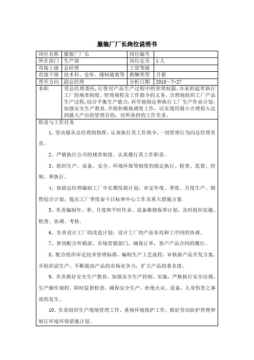 服装厂岗位说明大全【范本模板】