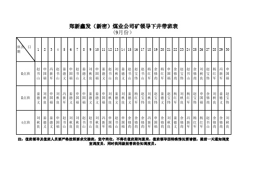 9月份矿领导带班表1