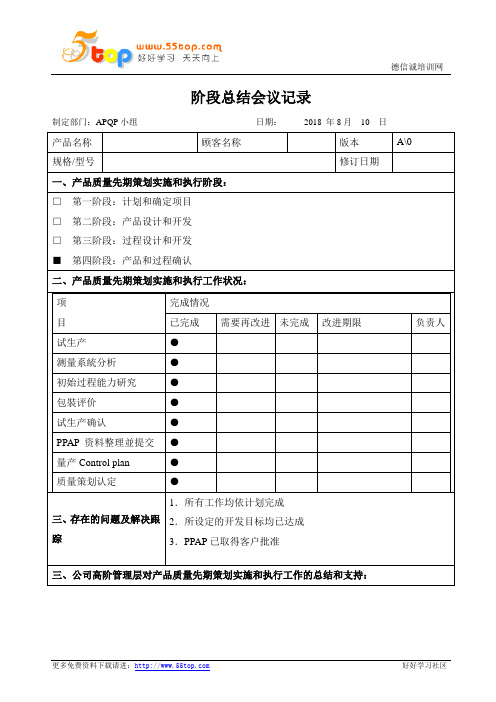 APQP产品和过程确认阶段总结记录