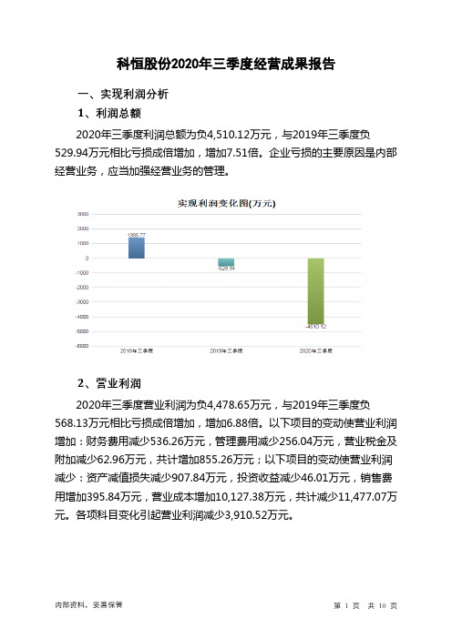 科恒股份2020年三季度经营成果报告