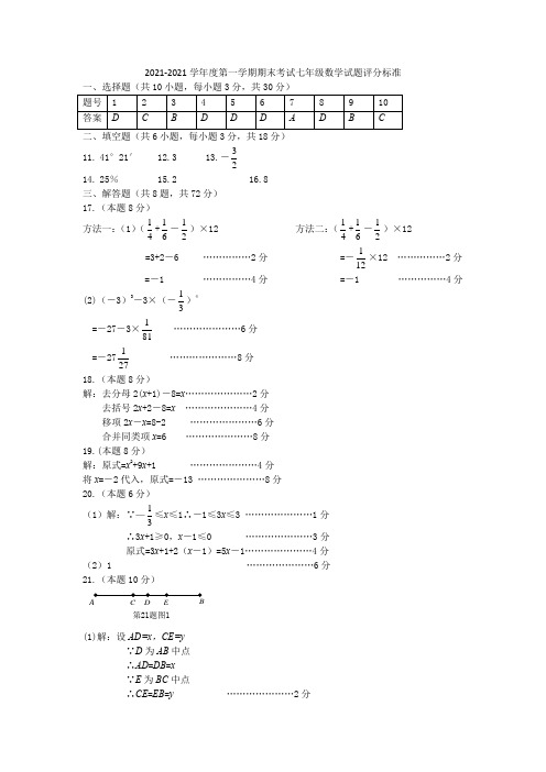 2021-2021七年级  数学答案评分标准