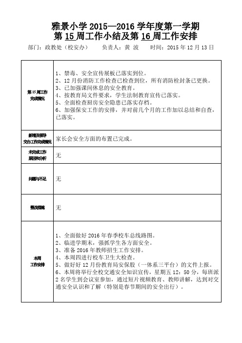 16-政教处校安办第15周工作总结与第16周工作安排