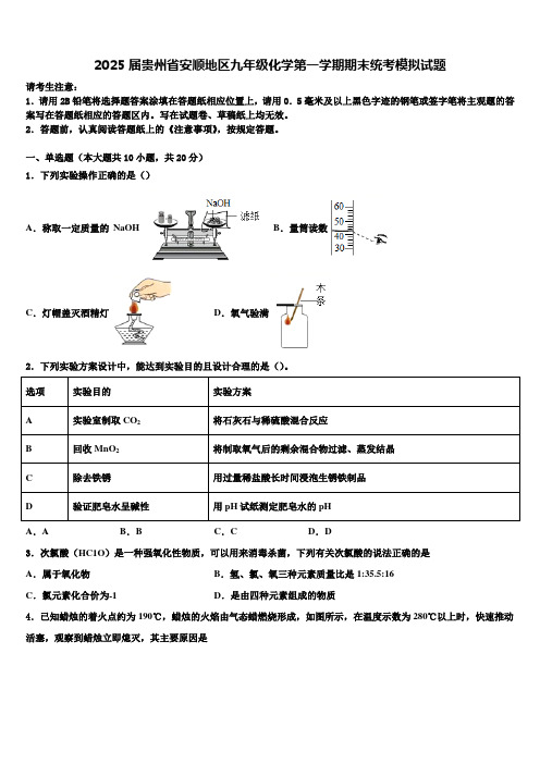 2025届贵州省安顺地区九年级化学第一学期期末统考模拟试题含解析