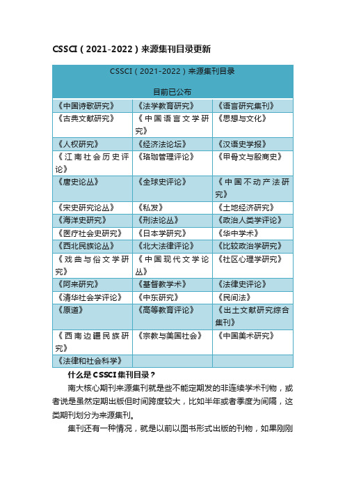 CSSCI（2021-2022）来源集刊目录更新