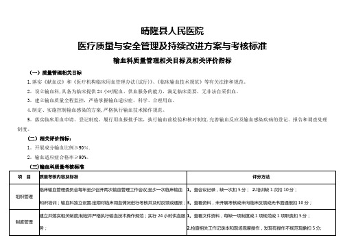 (输血科)医疗质量管理与持续改进相关目标及质量考核标准