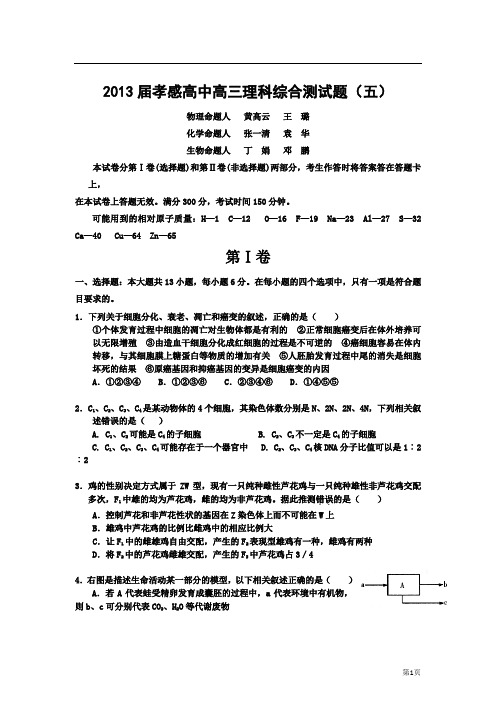 湖北省孝感高中2013届高三模拟考试考试(5)理综试题