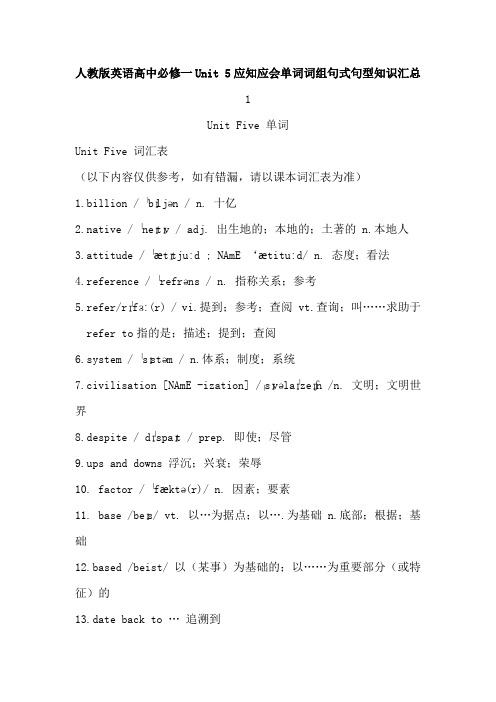 人教版英语高中必修一Unit 5课文应知应会单词词组句式句型知识汇总