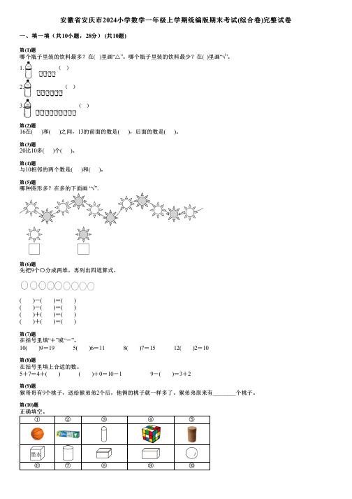 安徽省安庆市2024小学数学一年级上学期统编版期末考试(综合卷)完整试卷