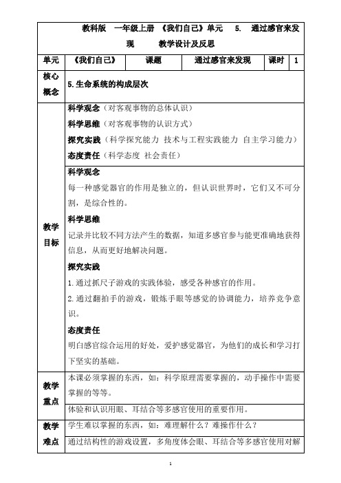 教科版科学一年级上册2.5《通过感官来发现》教学设计