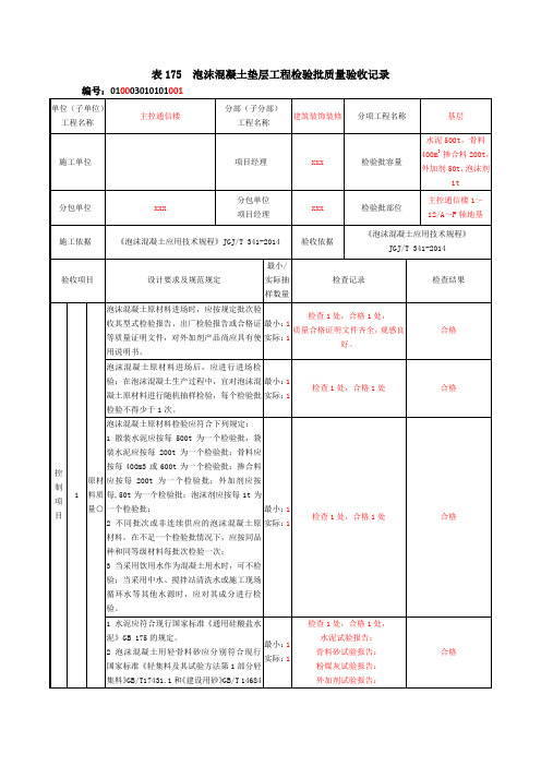 表175泡沫混凝土垫层工程检验批质量验收记录