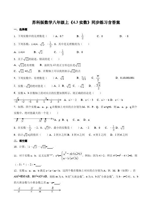 苏科版数学八年级上《4.3实数》同步练习含答案