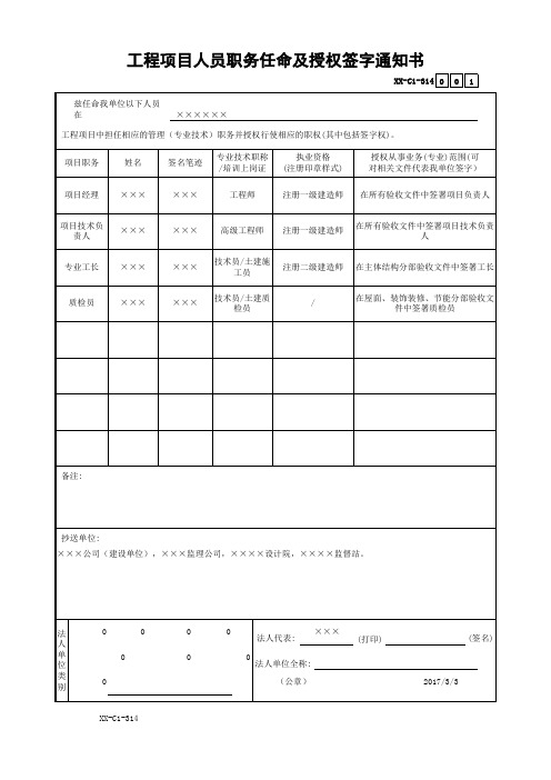 工程项目人员职务任命及授权签字通知书