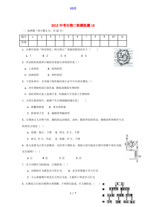 2012年中考生物第二轮模拟检测题10