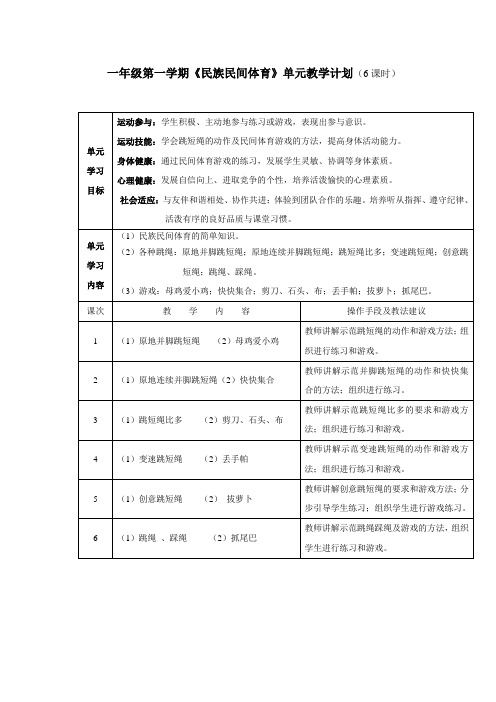 小学体育一年级第一学期《民族民间体育》单元教学计划