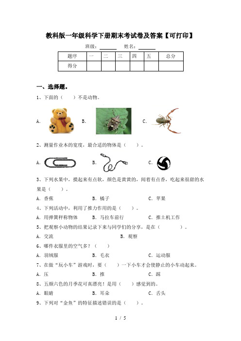 教科版一年级科学下册期末考试卷及答案【可打印】