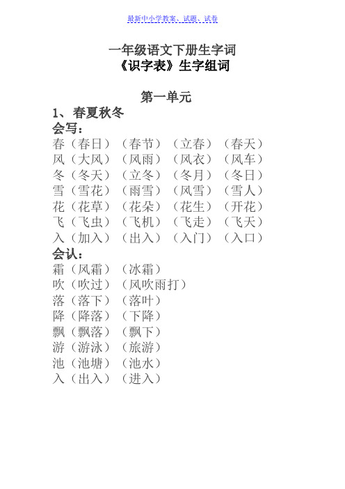 部编本人教版小学一年级语文下册生字词《识字表》生字组词Word版