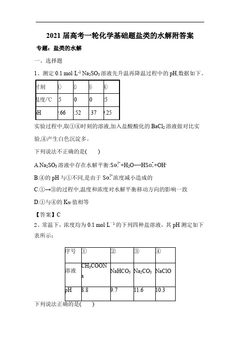 2021届高考一轮化学基础题盐类的水解附答案